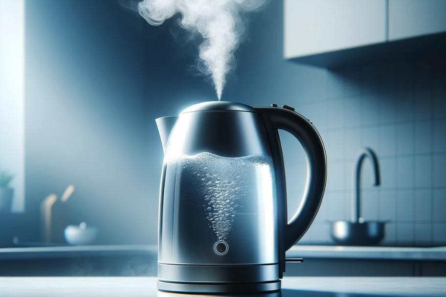 Ein Wasserkocher kocht Wasser auf und es steigt Wasserdampf auf und befeuchtet die Luft.